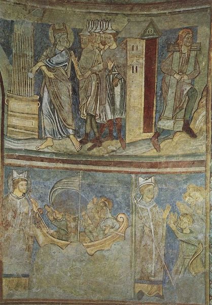 Apsis der katholischen Pfarrkirche St. Cyriacus in Berghausen. 1200. Motifs recorded: schiff, fresko, bischof, männer, boot, wandmalerei, turm, blau.