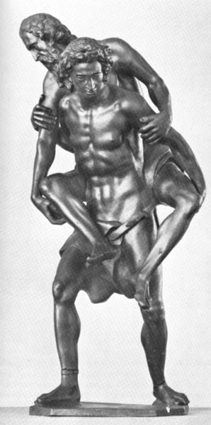 Aeneas und Anchises. by Hubert Gerhard. 1595. Motifs recorded: tragen, männer, bronze, nackt, mann, skulptur, plastik, figur.