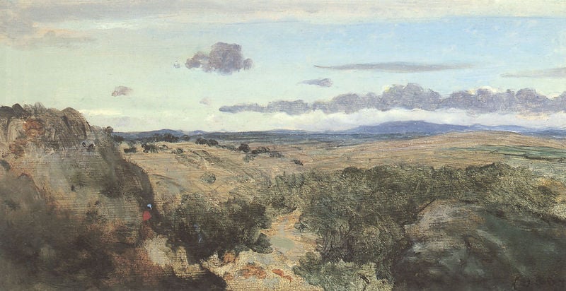 Bergige Landschaft. by Jean Baptiste Camille Corot. 1840. Motifs recorded: wolken, landschaft, berge, hügel, braun, bäume, himmel, öl.