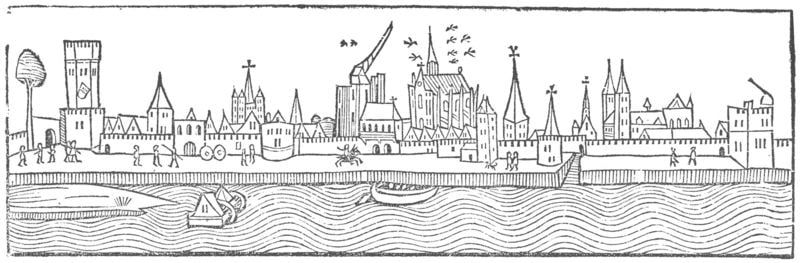 Holzschnitt aus: Werner Rolevinck “Fasciculus temporum”. 1479–1481. Motifs recorded: kirche, stadt, wellen, vögel, boot, fluss, mauer, holzschnitt.