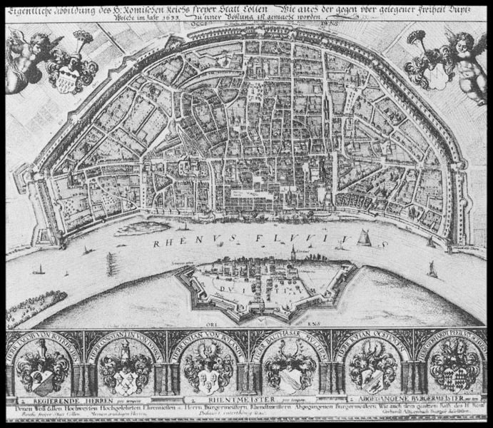 Ansicht von Köln und Deutz aus der Vogelschau. by Wenzel Hollar. 1635. Motifs recorded: rhein, straßen, mauer, schiffe, wappen, stadtmauer, stadt, stadtplan.