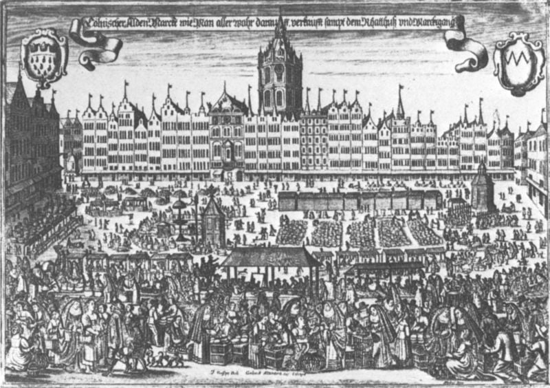Alter Markt mit Rathaus. by Johann Toussyn. 1650. Motifs recorded: stadt, menschen, wappen, häuser, markt, turm, stich, fahnen.
