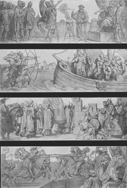 Die Fresken im Treppenhause des Wallraf-Richartz-Museums zu Köln. by Eduard Jakob von Steinle. 1856–1864. Motifs recorded: schiff, ritter, herrscher, szenen, ursula, bogen, frauen, pferde.