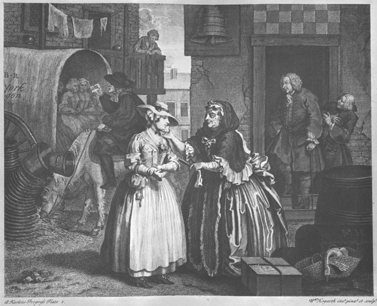 A Harlot’s Progress. by William Hogarth. 1732. Motifs recorded: frauen, pferd, glocke, wäsche, kutsche, hut, zeichnung, fass.