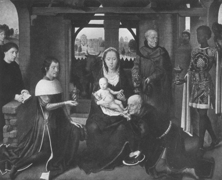 Altar der Anbetung der Könige. 1479. Motifs recorded: maria, jesus, anbetung, ochse, könige, stall, geschenke, gaben.