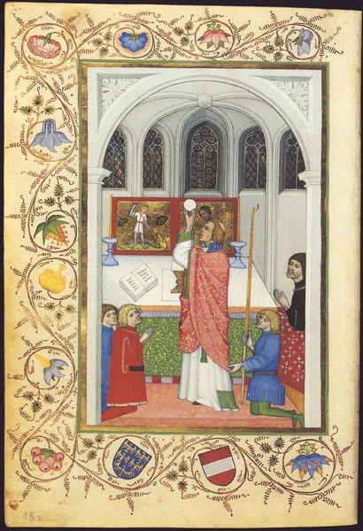 Gebetbuch von Herzog Albrecht V. von Österreich. 1430–1437. Motifs recorded: blumen, wappen, altar, buch, priest, church, altar, priester.