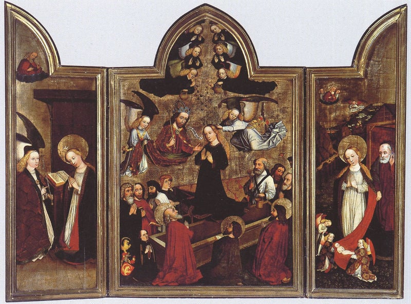 Himmelfahrt und Krönung Mariens, Verkündigung und Anbetung des Kindes (aus der Elisabethkirche in Breslau). by Meister des Wolfgangaltares. 1455. Motifs recorded: altar, gold, engel, maria, sarg, verkündigung, rot, heilige.