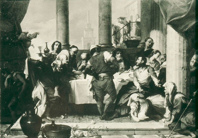 Christus und der Pharisäer Simon. by Nicolas Vleughels. 1730. Motifs recorded: säulen, vorhang, gelage, schwarz, frau, krug, tafel, wein.