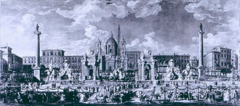 Ansicht der Piazza Navona. by Francesco Nicoletti. 1729. Motifs recorded: platz, säulen, fest, kirche, tor, kuppel, wolken, säule.