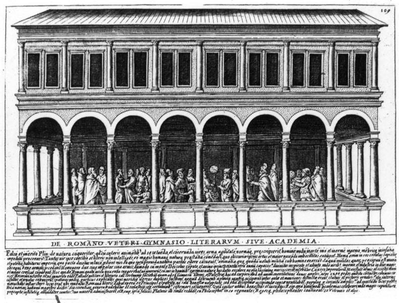 Antiqvae vrbis splendor. by Giacomo Lauro. 1612. Motifs recorded: fenster, säulen, gebäude, schrift, schule, männer, latein, schwarz.