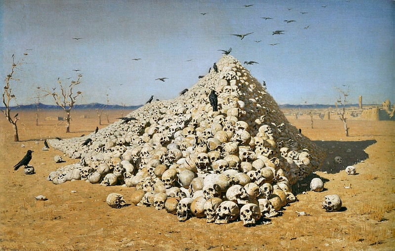 Apotheose des Krieges. by Wassill Wereschtschagin. 1871. Motifs recorded: schädel, haufen, wüste, raben, krähen, stadt, vögel, schatten.