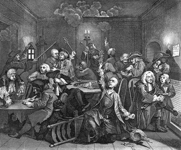A Rake´s Progress Bl.1. by William Hogarth. 1735. Motifs recorded: tisch, rauch, hund, laterne, kerzen, menschen, kerze, stuhl.