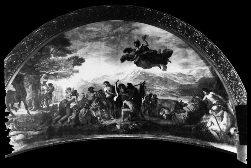 Orpheus zivilisiert die Griechen, Kuppel. by Eugène Delacroix. 1833–1866. Motifs recorded: baum, himmel, menschen, kühe, berge, zentaur, landschaft, engel.