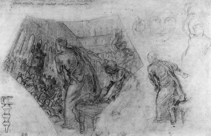 Cicero beschuldigt Verres, Studie. by Eugène Delacroix. 1800–1900. Motifs recorded: zeichnung, studie, gesicht, skizze, stuhlbein, rückenfigur, mann, rücken.