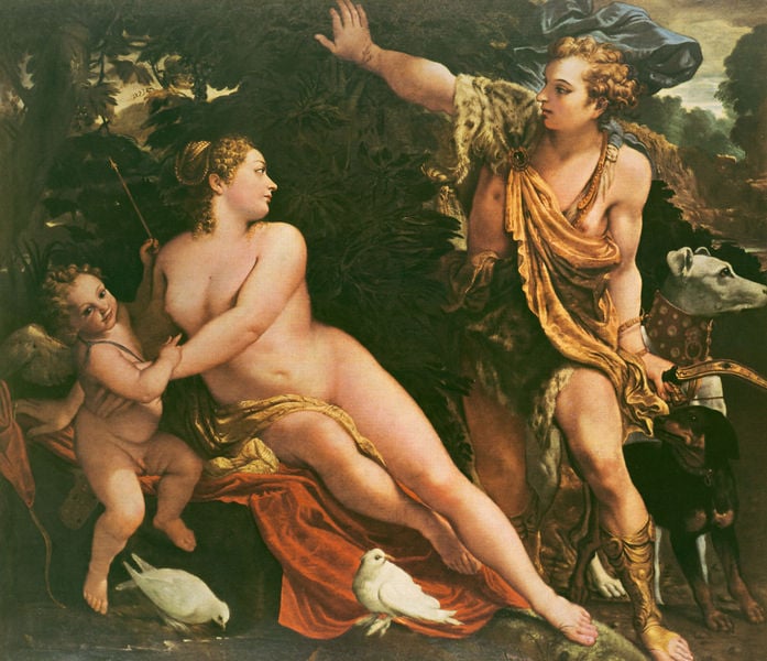 Adonis findet Venus. by Annibale Caracci. 1595. Motifs recorded: tauben, mann, frau, hunde, engel, nackt, hund, rot.