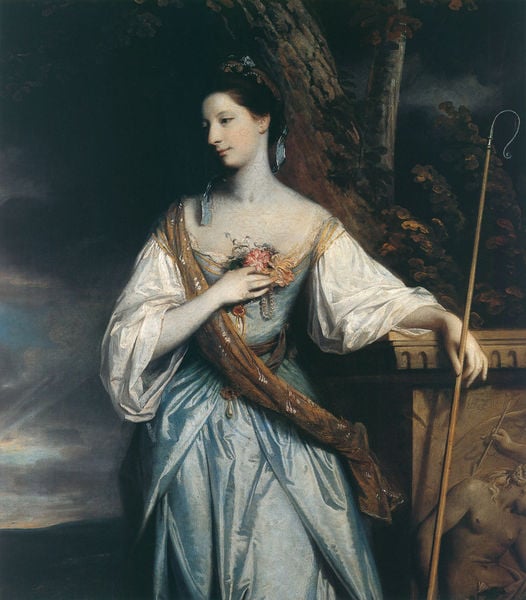 Anne Dashwood. by Joshua Reynolds. 1764. Motifs recorded: portrait, stab, kleid, blumen, baum, himmel, blau, bildnis.