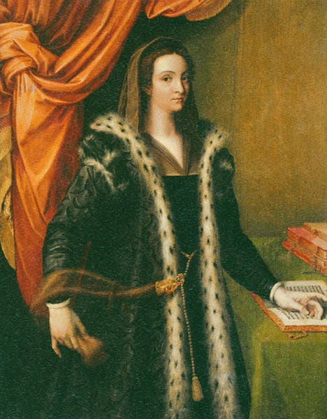 Bildnis einer Frau (Giulia Gonzaga). by Sebastiano del Piombo. 1541. Motifs recorded: vorhang, buch, frau, hand, mantel, pelz, gürtel, portrait.