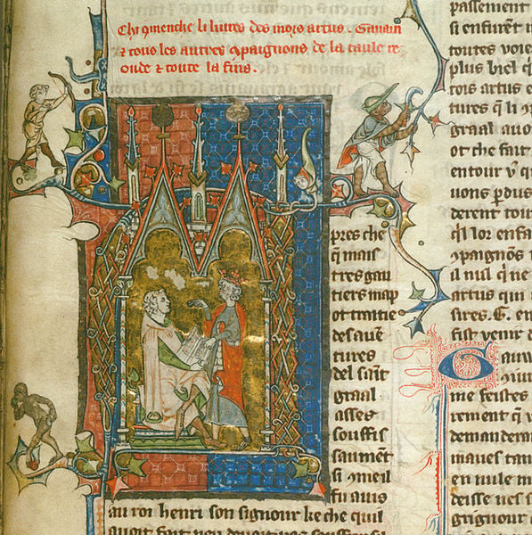Lancelot Prosa. 1315. Motifs recorded: blau, rot, gold, bogen, buch, könig, bogenschütze, hut.