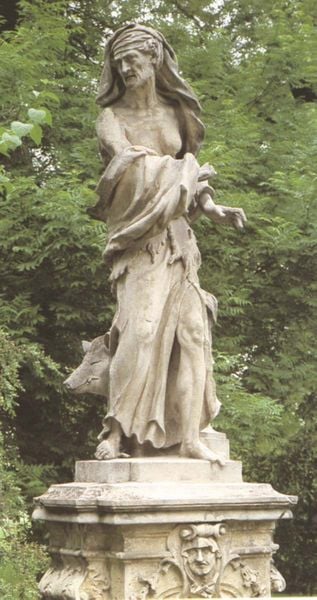 Alte Frau in Lumpen und Schwein. by Lorenzo Mattelli. 1712–1738. Motifs recorded: sockel, statue, natur, gewand, mann, park, wildschwein, skulptur.