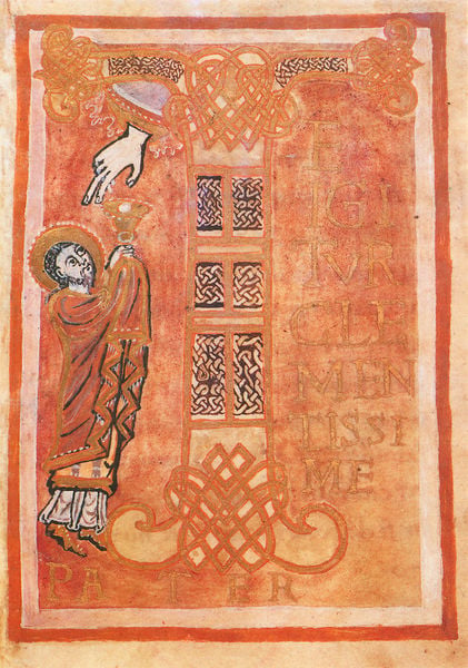 1 Te igitur-Initiale mit Priester. 950–1000. Motifs recorded: hand, kelch, heiliger, orange, buchmalerei, heiligenschein, ornament, hand gottes.