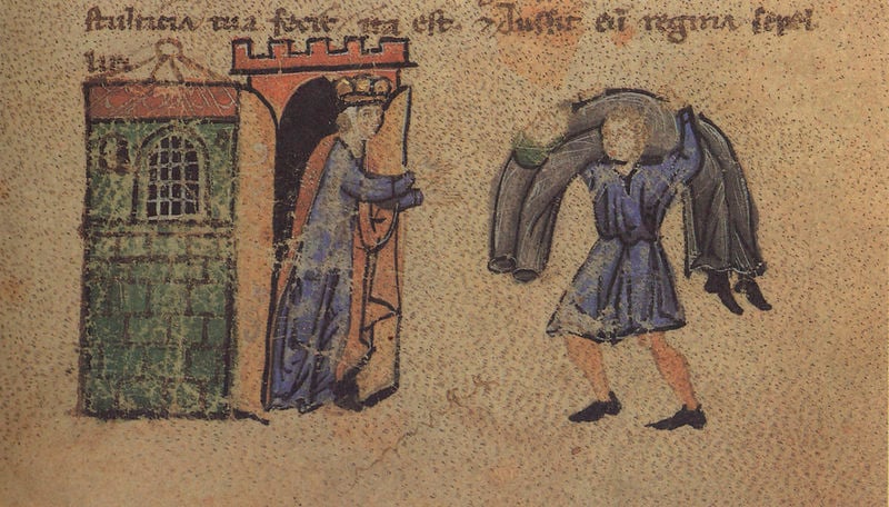 Alexanderroman. 1300–1400. Motifs recorded: tragen, mittelalter, männer, leiche, krone, legende, knecht, vergilbt.