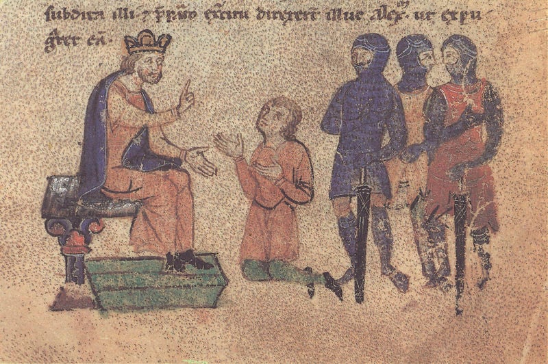 Alexanderroman. 1300–1400. Motifs recorded: könig, ritter, schwerter, krone, bitte, mittelalter, buchmalerei, king.