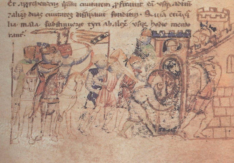 Alexanderroman. 1300–1400. Motifs recorded: ritter, turm, pferd, burg, schlacht, reiter, schild, rüstung.