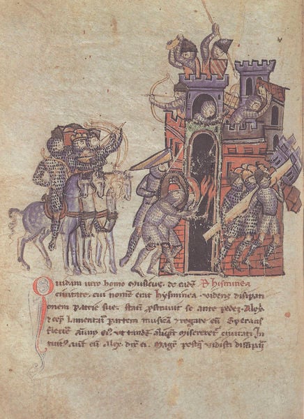 Alexanderroman. 1300–1400. Motifs recorded: burg, ritter, pferde, feuer, bogen, kampf, schrift, rüstung.
