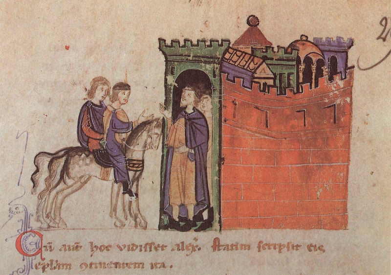 Alexanderroman. 1300–1400. Motifs recorded: pferd, schrift, burg, tor, reiter, rot, umhang, zinnen.