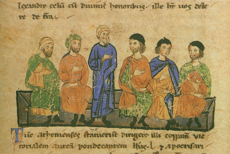 Alexanderroman. 1300–1400. Motifs recorded: schrift, männer, grün, sitzen, blau, buch, bank, latein.
