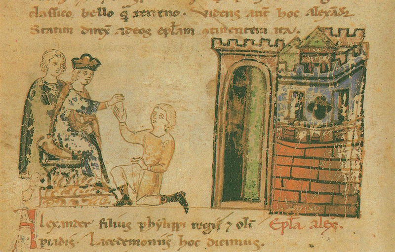Alexanderroman. 1300–1400. Motifs recorded: burg, krone, könig, buchmalerei, schrift, thron, zinnen, alexander.