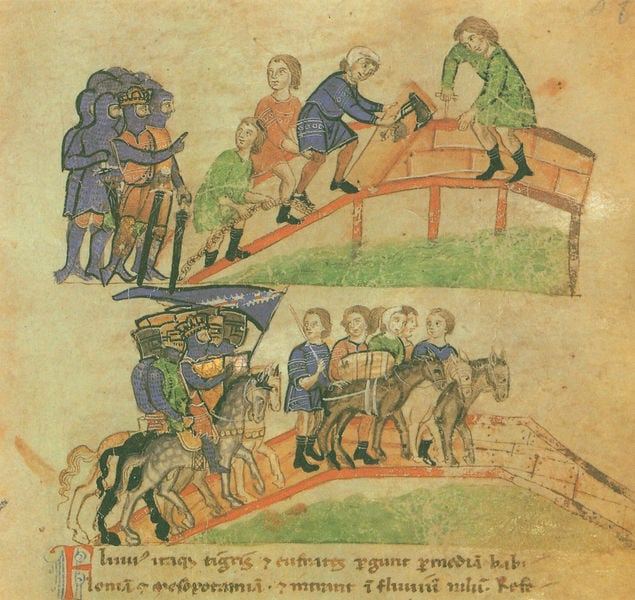 Alexanderroman. 1300–1400. Motifs recorded: brücke, fahne, ritter, blau, reiter, pferde, axt, esel.