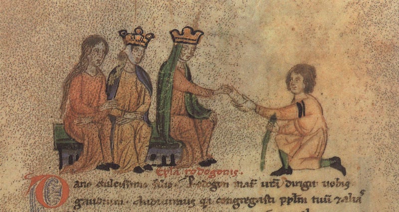Alexanderroman. 1300–1400. Motifs recorded: könig, krone, mann, sitzen, frau, königin, frauen, schrift.