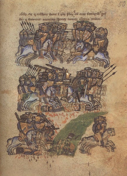 Alexanderroman. 1300–1400. Motifs recorded: ritter, kampf, speere, schlacht, soldaten, reiter, seite, gold.
