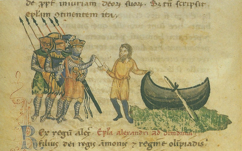 Alexanderroman. 1300–1400. Motifs recorded: lanzen, soldaten, boot, mann, buchmalerei, ruder, schrift, könig.