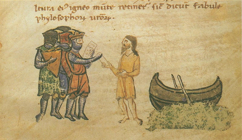 Alexanderroman. 1300–1400. Motifs recorded: ritter, buchmalerei, schild, boot, wasser, helm, kettenhemd, ruderboot.
