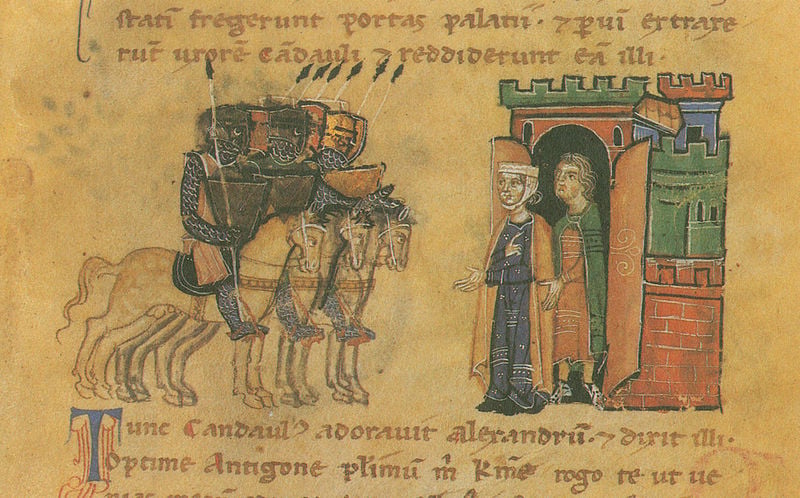 Alexanderroman. 1300–1400. Motifs recorded: pferde, schrift, ritter, reiter, turm, burg, frau, lanzen.