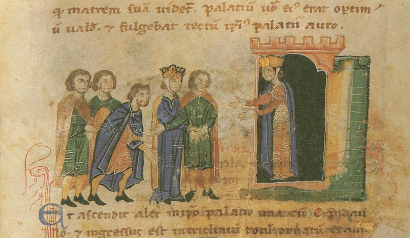Alexanderroman. 1300–1400. Motifs recorded: krone, schrift, vergilbt, kronen, willkommen, männer, szene, zeichnung.