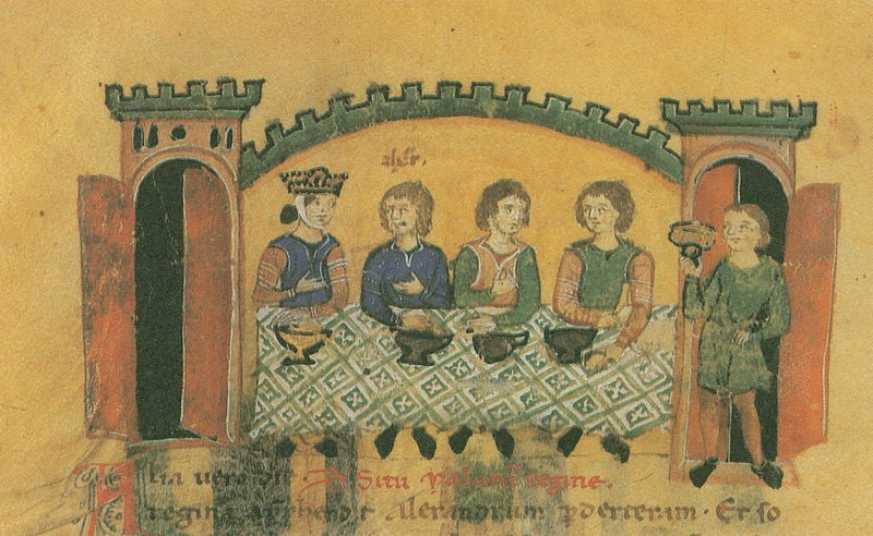 Alexanderroman. 1300–1400. Motifs recorded: essen, tisch, diener, burg, tür, buchmalerei, mittelalter, türme.