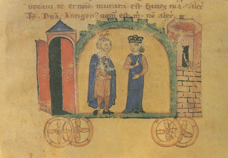 Alexanderroman. 1300–1400. Motifs recorded: wagen, blau, rot, räder, latein, grün, turm, frau.