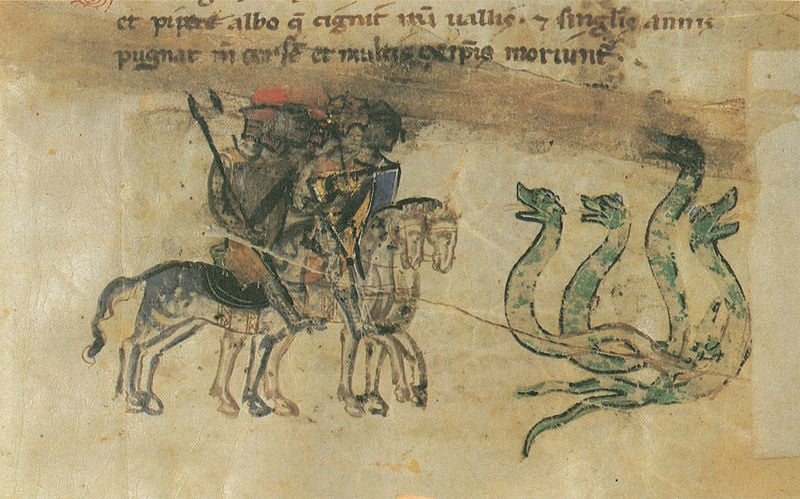 Alexanderroman. 1300–1400. Motifs recorded: ritter, schild, reiter, schrift, rüstung, pferde, buchmalerei, schlangen.