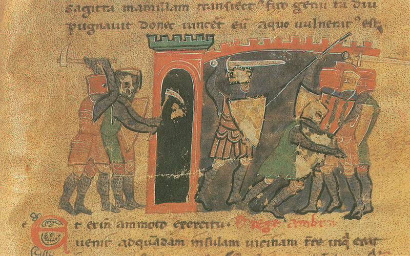 Alexanderroman. 1300–1400. Motifs recorded: ritter, burg, schrift, rüstung, schwert, turm, schild, zinnen.