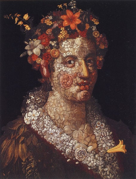 Flora. by Giuseppe Arcimboldo. 1591. Motifs recorded: blumen, porträt, frau, blätter, rot, lilie, rosen, portrait.