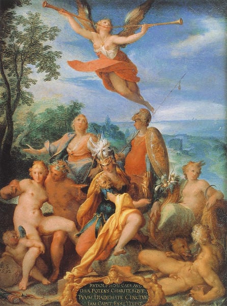 Allegorie auf Kaiser Rudolph II.. by Bartholomäus Spranger. 1592. Motifs recorded: engel, helm, nackt, schild, posaune, götter, schrift, himmel.
