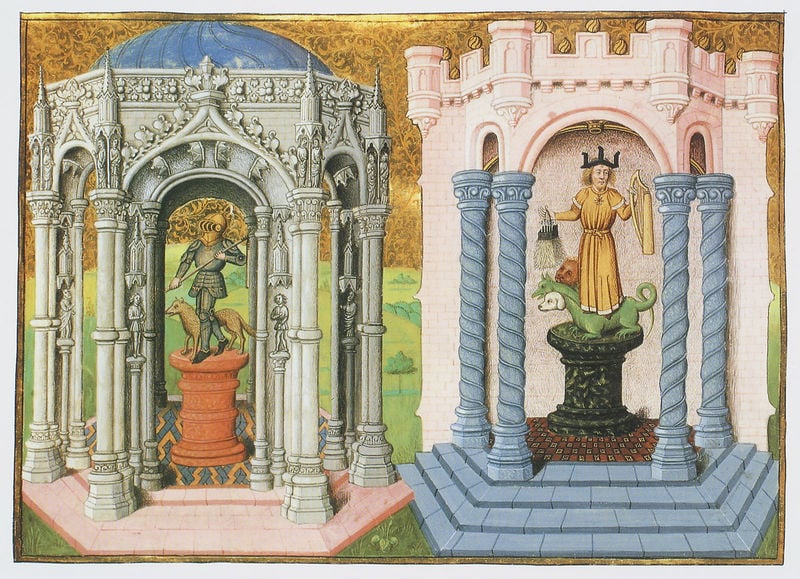 Chroniques de Hainout. by Jacobus de Guisia. 1447–1448. Motifs recorded: ritter, hund, harfe, drache, rosa, kuppel, blau, sockel.