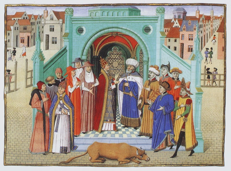 Chroniques de Hainout. by Jacobus de Guisia. 1447–1448. Motifs recorded: turban, stier, tiara, papst, stadt, kardinal, haus, orientalen.