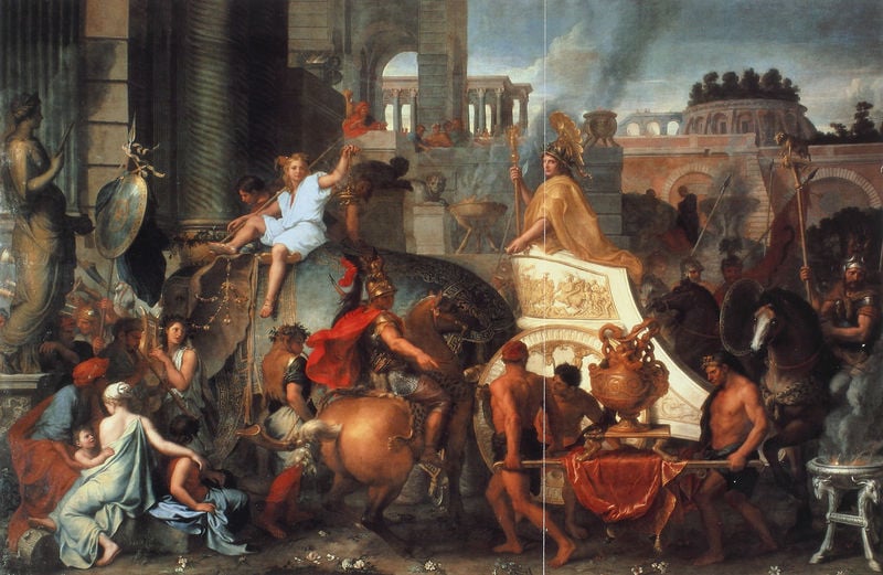 Der Triumph Alexanders oder Alexanders Einzug nach Babylon. by Charles Le Brun. 1665. Motifs recorded: pferd, schild, streitwagen, kinder, elefant, frauen, rom, rauch.