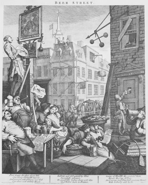 Beer Street (Third State). by William Hogarth. 1754. Motifs recorded: menschen, maler, fenster, stich, korb, krug, bier, england.