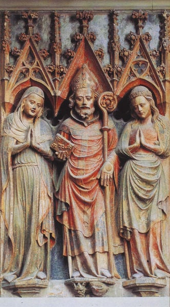 Erfurt/ St. Severi, Grabtumba des heiligen Severus. 1300–1400. Motifs recorded: stab, gotik, buch, tiara, heilige, skulpturen, bischof, ronament.
