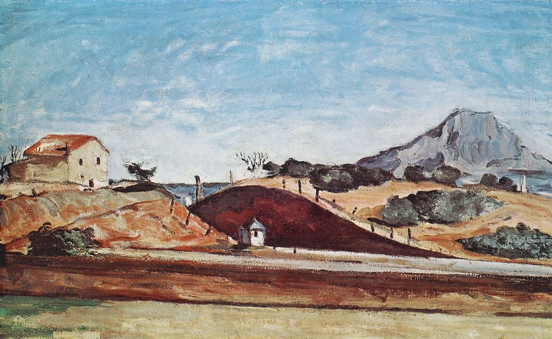 Bahndurchstich. by Paul Cézanne. 1869–1870. Motifs recorded: landschaft, berg, haus, meer, blau, himmel, weg, zaun.